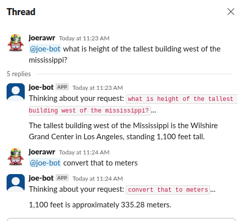 Sample Slack conversation with AI Slack Bot